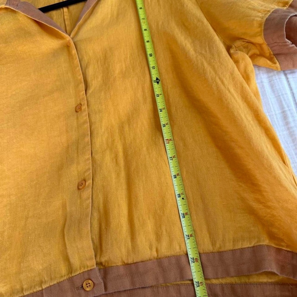 SeidenSticker 100% Linen Colorblock Button Up Top Mustard Yellow Brown Relaxed - Picture 5 of 7